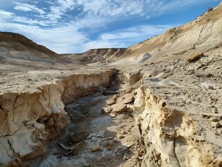 Erosion of a dry riverbed in a desert landscape under a clear blue sky during the afternoon