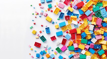 Colorful Plastic Building Blocks Scattered on White Background