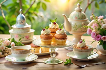 Fototapeta premium Enchanting afternoon tea party scene featuring mini hummingbird cakes, clotted cream ice cream, and delicate china against soft, warm natural light with subtle shadows.
