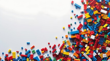 Colorful Plastic Building Blocks Scattered on White Background