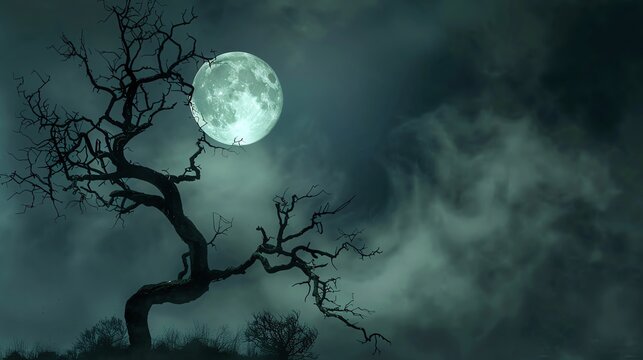 Twisted, spooky tree with no leaves, silhouetted against a moonlit sky, offering a dark, eerie backdrop for Halloween text spooky tree, moonlit sky, eerie backdrop