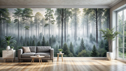 interior, gray wall, wall painting, trees, plaster,