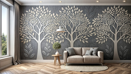 interior, gray wall, wall painting, trees, plaster,