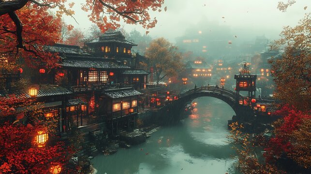 Ancient Chinese Village in Autumn Rain.