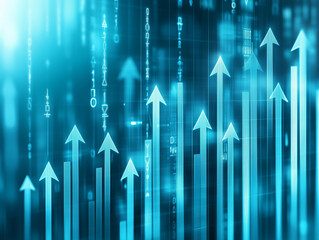 A blue background with arrows pointing upwards, representing stock market growth or business success in the financial industry graph show upward trends, symbolizing positive progress 