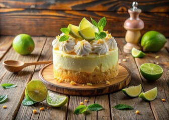 Warm pastel hues diffuse through rustic wooden backdrop highlighting tropical fusion of coconut cake lime curd and crunchy ice cream toppings