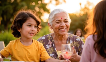 Happy Indian Grandmother Celebrating Family Bonding at a Vibrant Outdoor Event - Powered by Adobe