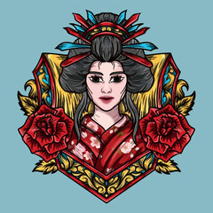 Korean woman in traditional costume with red flowers. Vector illustration.