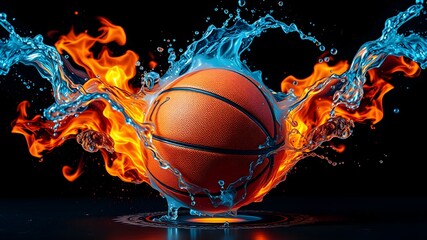 Fototapeta premium Basketball Engulfed in Fire and Water, Clash of Opposing Forces with Dynamic Motion and Vibrant Contrast