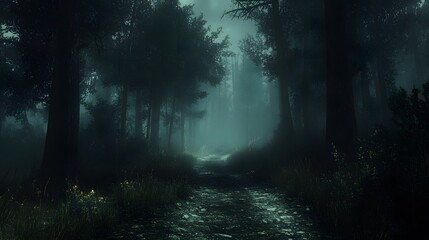 Obraz premium Dark and mysterious forest path with dense trees creating a tunnel-like effect
