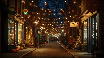 Fototapeta premium Festive street adorned with string lights and pumpkins on a cozy autumn evening