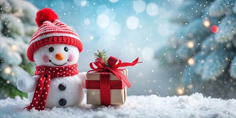 Fototapeta premium A cute snowman holding a red gift box in a winter holiday setting