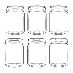 Illustration of a set of empty glass jars on a white background