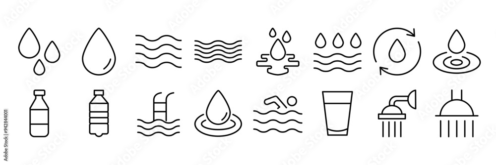 Wall mural water drops icon set. editable vector pack of water line icons. a drop of water. glass, magnifier, w