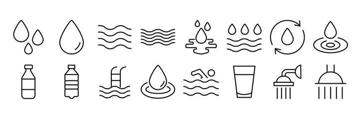 Water drops icon set. Editable vector pack of water line icons. A drop of water. Glass, magnifier, washing hands, shower. Vector illustration.