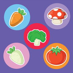 Vegetables icons set. Tomato, broccoli, mushroom, radish, cabbage, tomato.
