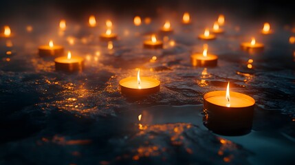 Lit candles creating a warm and tranquil atmosphere in a dimly lit room