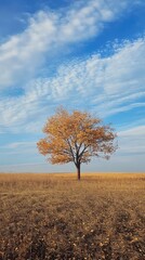 Fototapeta premium A lone tree in a field, its leaves turning golden under a crisp autumn sky.