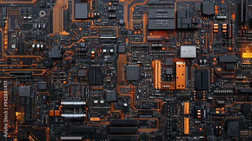 Aufkleber Close-up of a Complex Computer Motherboard with Orange Traces