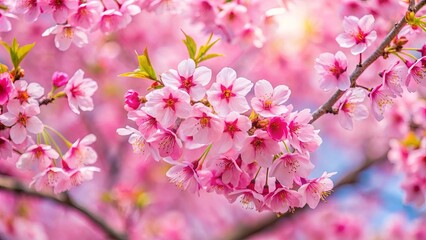 Obraz premium Pink cherry blossom sakura tree in full bloom during spring season with beautiful nature floral background