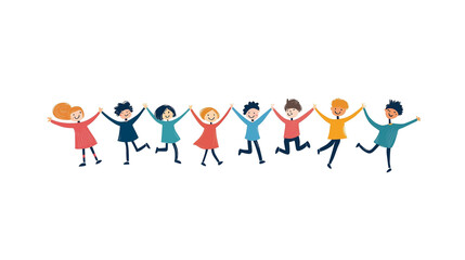 Cute cartoon children's drawing of many happy kids holding hands and jumping, white background, colorful , simple hand drawn style