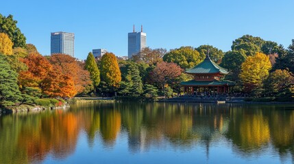 Fototapeta premium Ueno Park's autumn scenery features Lotus Lake and Shinobazunoike Benten-do Temple, renowned landmarks in Tokyo's Ueno district.