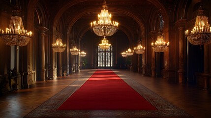 Obraz premium Grand Hallway with Red Carpet and Gleaming Chandelier Lighting, Ready for an Exclusive Glamorous Gala