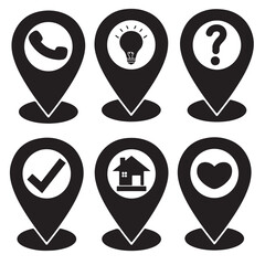 Set of black map pointers with icons of home, phone, question mark, light bulb, house and check mark. Vector illustration