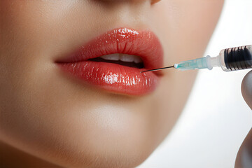 Obraz premium Cropped macro of a young woman getting fillers injection in her lips. Procedure for lip augmentation and correction. Injection cosmetology concept.