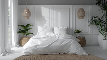 White Hotel Bedroom Interior with Bed and Decoration in 8K Realistic Lighting