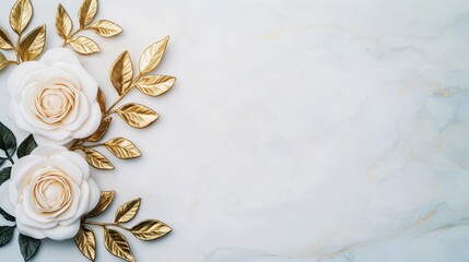 Elegant white roses with gold leaves on a soft marble background, ideal for high-end stationery or bridal shower invitations