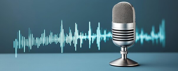 Retro microphone with a digital waveform flowing across a blue background, perfect for podcast or broadcast themes