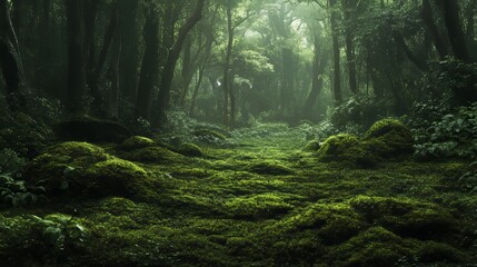 Verdant moss accents a backdrop ideal for showcasing products, set against a backdrop of a dense, dark forest.
