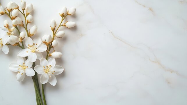 Sophisticated gold-accented white flowers on a marble surface, designed for premium invitation templates and wedding stationery