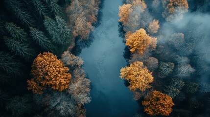Aerial View of a Forest River with Autumn Foliage