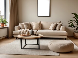 Modern living room interior with beige sofa, coffee table, and ottoman