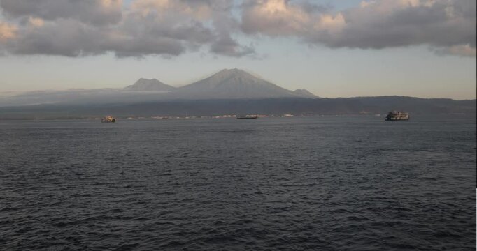 A group of ships moving in the middle of the sea between Ketapang and Gilimanuk ports in the morning