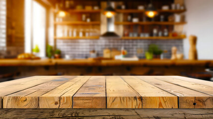 Wood table top on blurred kitchen background. can be used mock up for montage products display or design layout