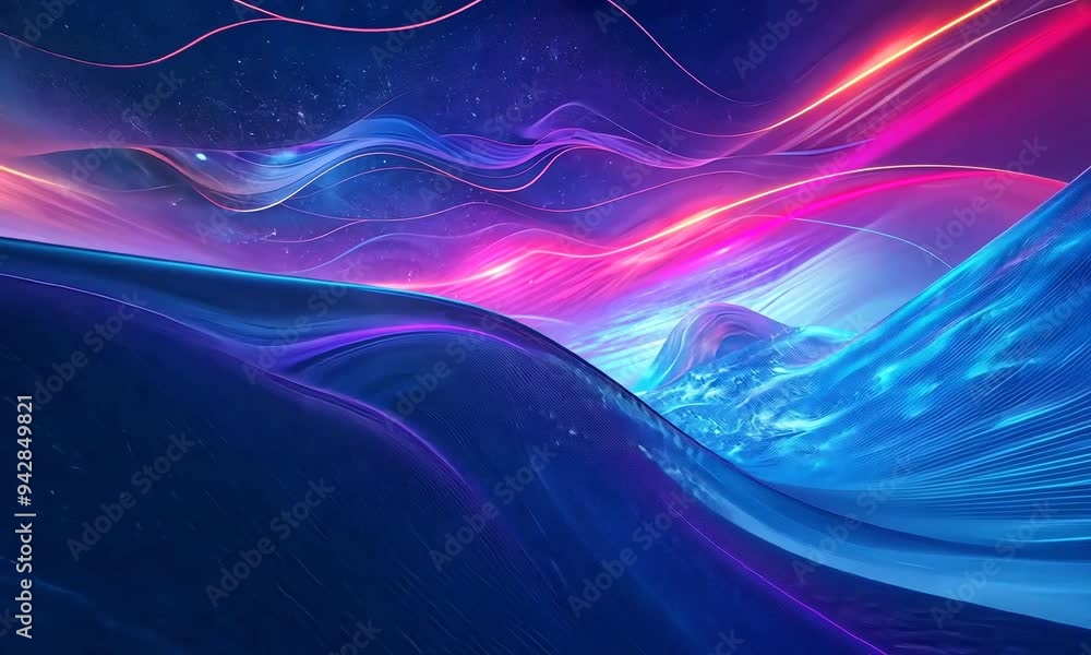 Poster a stunning cosmic journey through vibrant waves of color and light in a mesmerizing abstract landsca