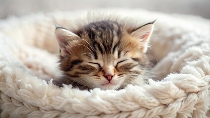 Naklejka premium Adorable fluffy kitten peacefully sleeping in a cozy bed