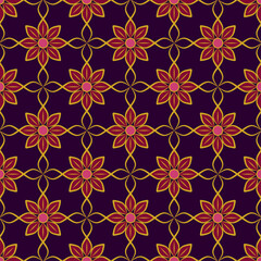 Seamless pattern of maroon flower shapes with golden lines on dark purple background. Suitable for various creative projects or digital backgrounds.