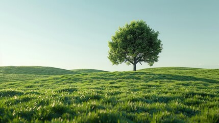 Obraz premium spring day, single tree in a field, vibrant green grass, photorealistic rendering, natural beauty