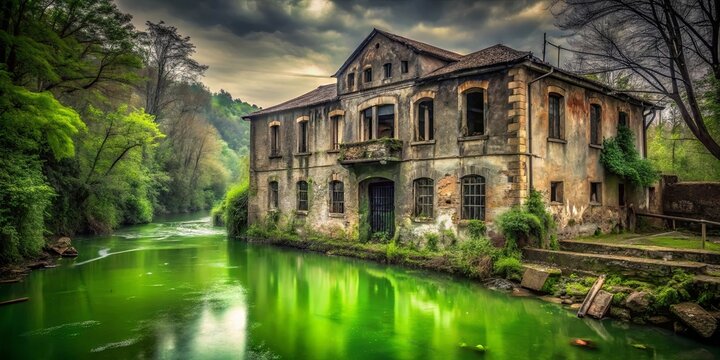 A haunting image of a decrepit building with a green river flowing through it, showcasing decay and abandonment in a dark atmosphere