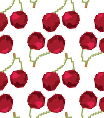 Seamless pattern of pixel cherries with green stems on a transparent background. Ideal for textile design, wallpaper, packaging and digital creativity.