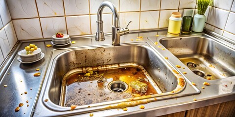 A kitchen sink is clogged with old cooking oil, causing a messy and frustrating situation