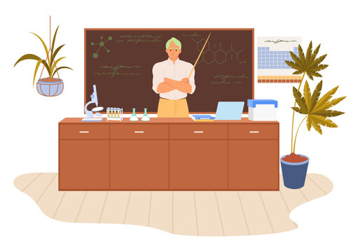 Chemistry teacher over science classroom interior vector illustration. Male tutor leading lesson using lab equipment and computer laptop providing high quality education at school