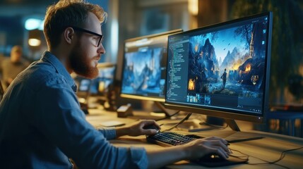 Man Editing Fantasy Landscape on Computer
