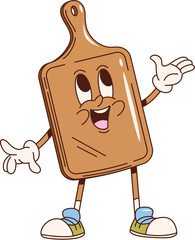 Cutting board retro groovy kitchenware and utensil character. Isolated cartoon vector welcoming, homey and practical kitchen tool personage. Wooden board with a hole for hanging gesturing and smiling
