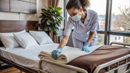 Obraz premium nurse making the bed at a hospital.