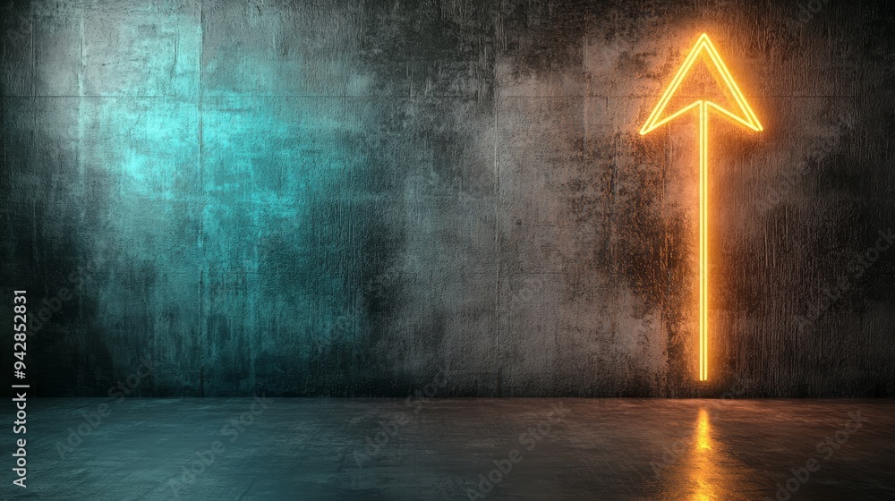 Poster a vibrant neon arrow pointing upward against a textured wall, creating a modern and dynamic atmosphe